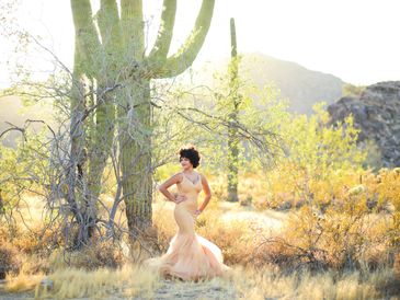 Portrait photography session with saguaro cactus in Arizona desert
