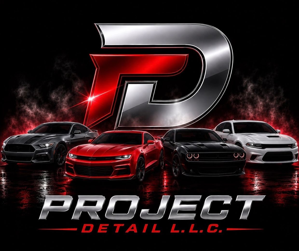 Project Detail L.L.C. logo with four muscle cars.