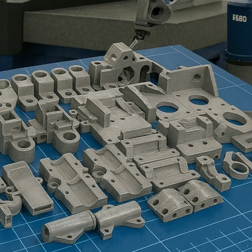 Precision-machined metal parts laid out on a blue grid mat.