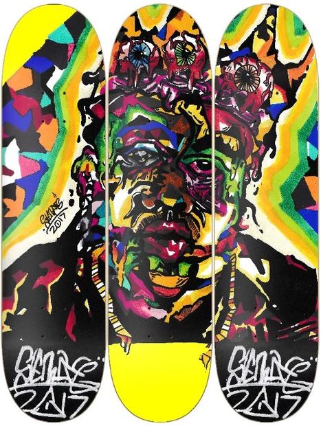 Biggies Smalls iconic abstract transferred to a triple skate board deck mural. By Sterling Molldrem.