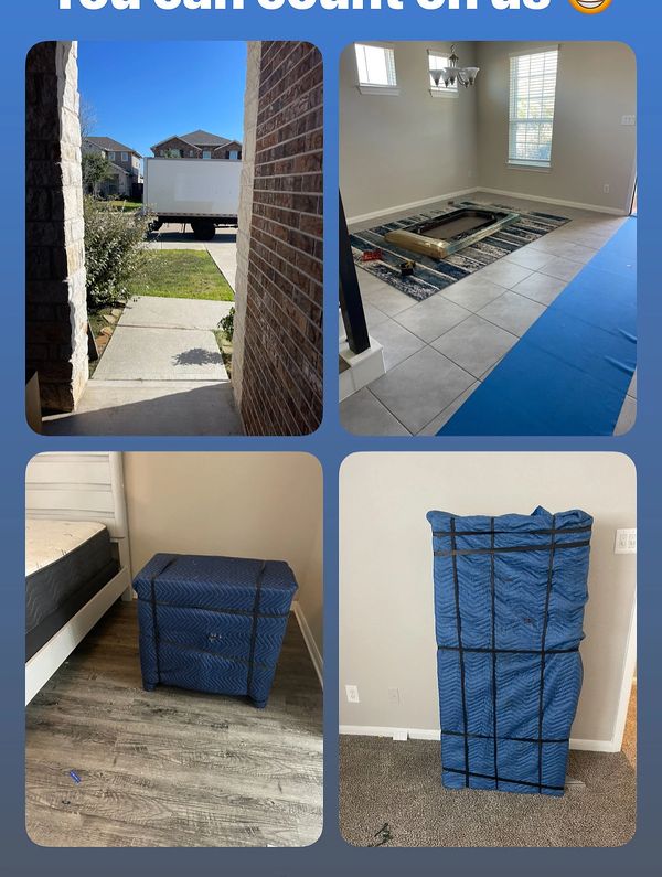 Moving day scenes with packed furniture and a moving truck outside.