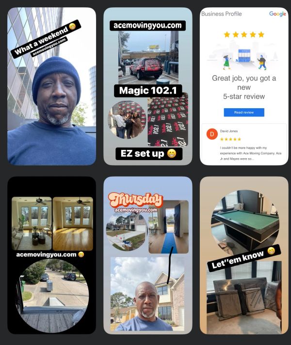 Collage showing a moving company owner, moving setups, and a 5-star Google review.