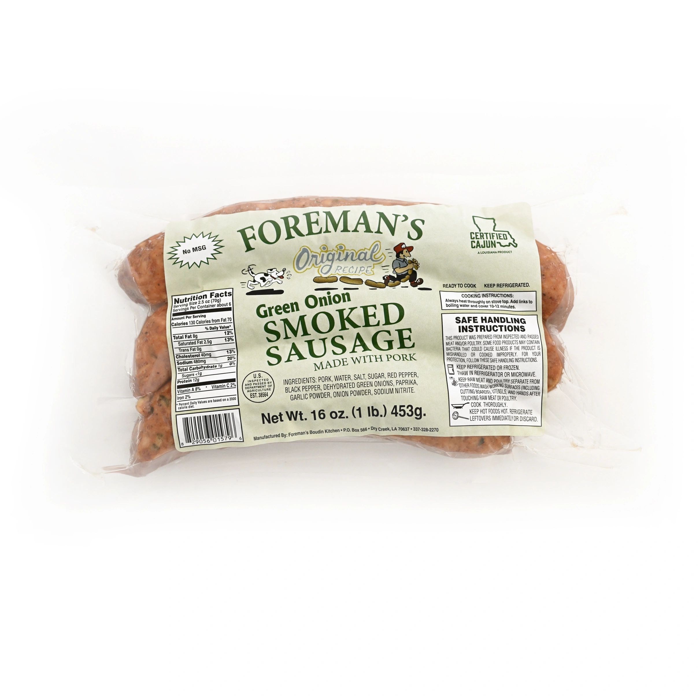 Foremans Green Onion Smoked Sausage made with pork in a 16 oz package on a white background.