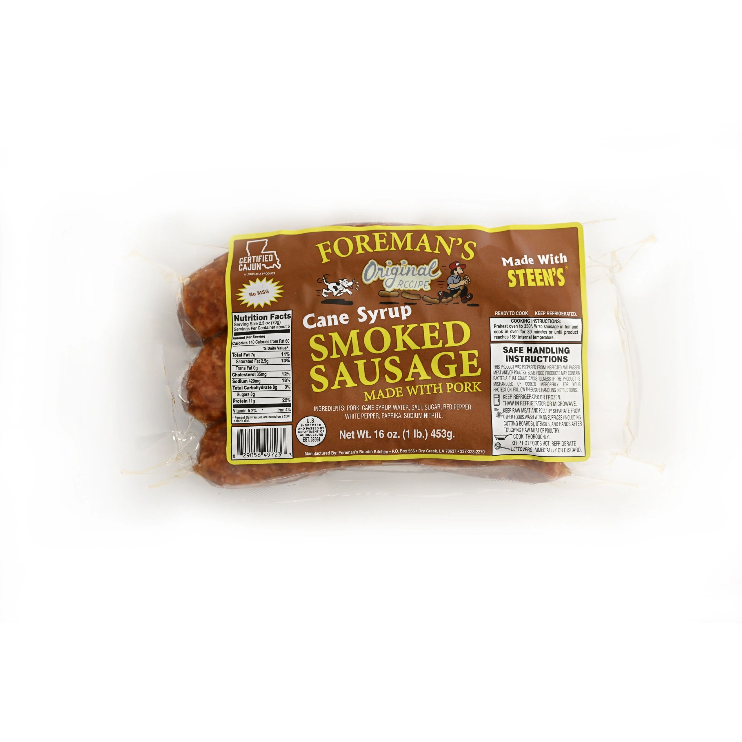 Foremans Cane Syrup Smoked Sausage made with Steen's and pork in 16oz package on a white background.