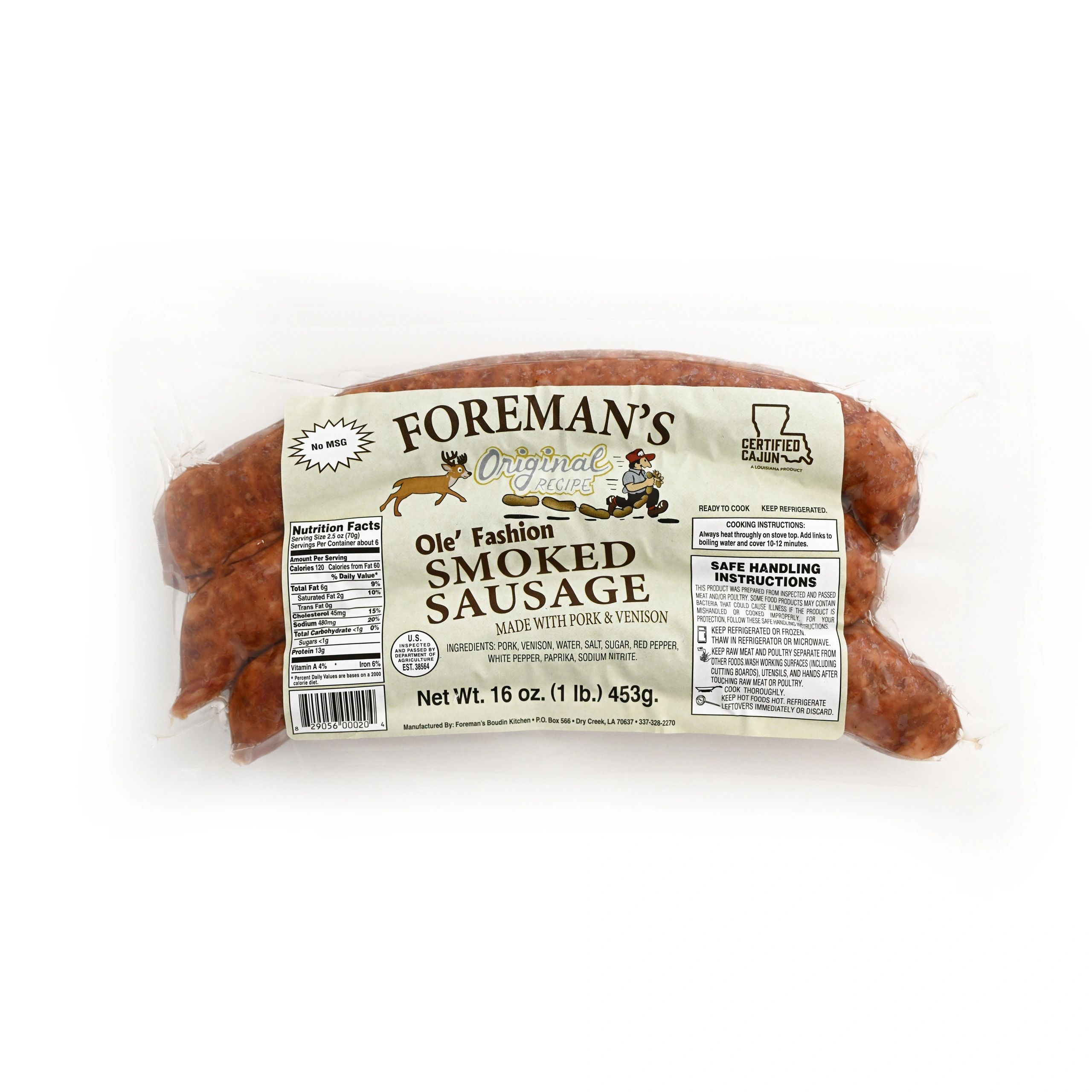 Foremans Ole Fashion Smoked Sausage made with deer and pork in 16 oz package on a white background.