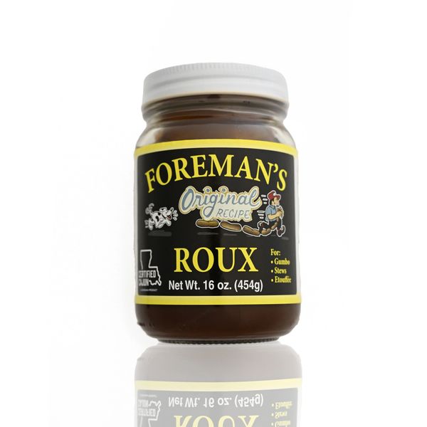 16oz glass jar with white lid of Foremans dark roux