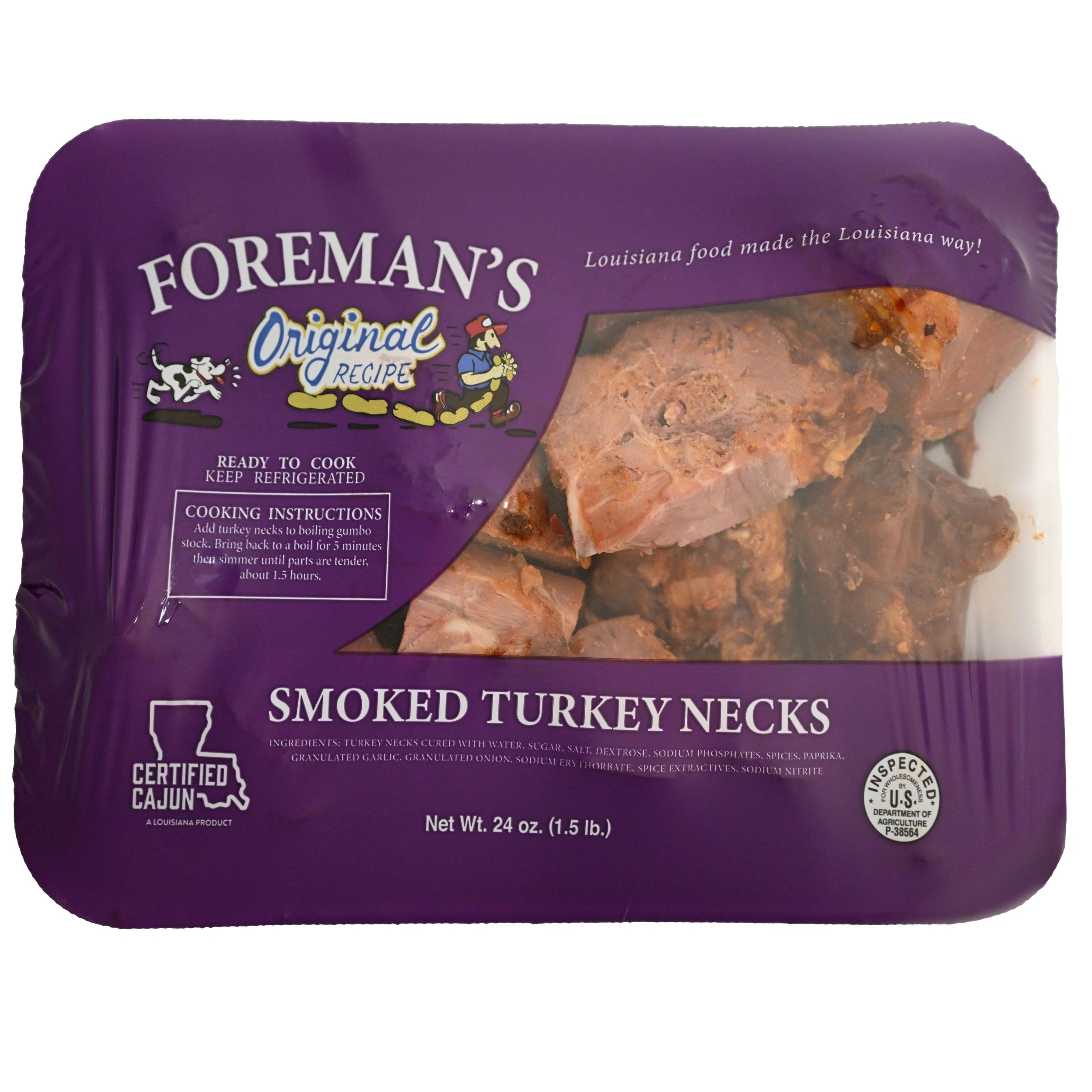 Purple package of  Foremans Smoked Turkeynecks