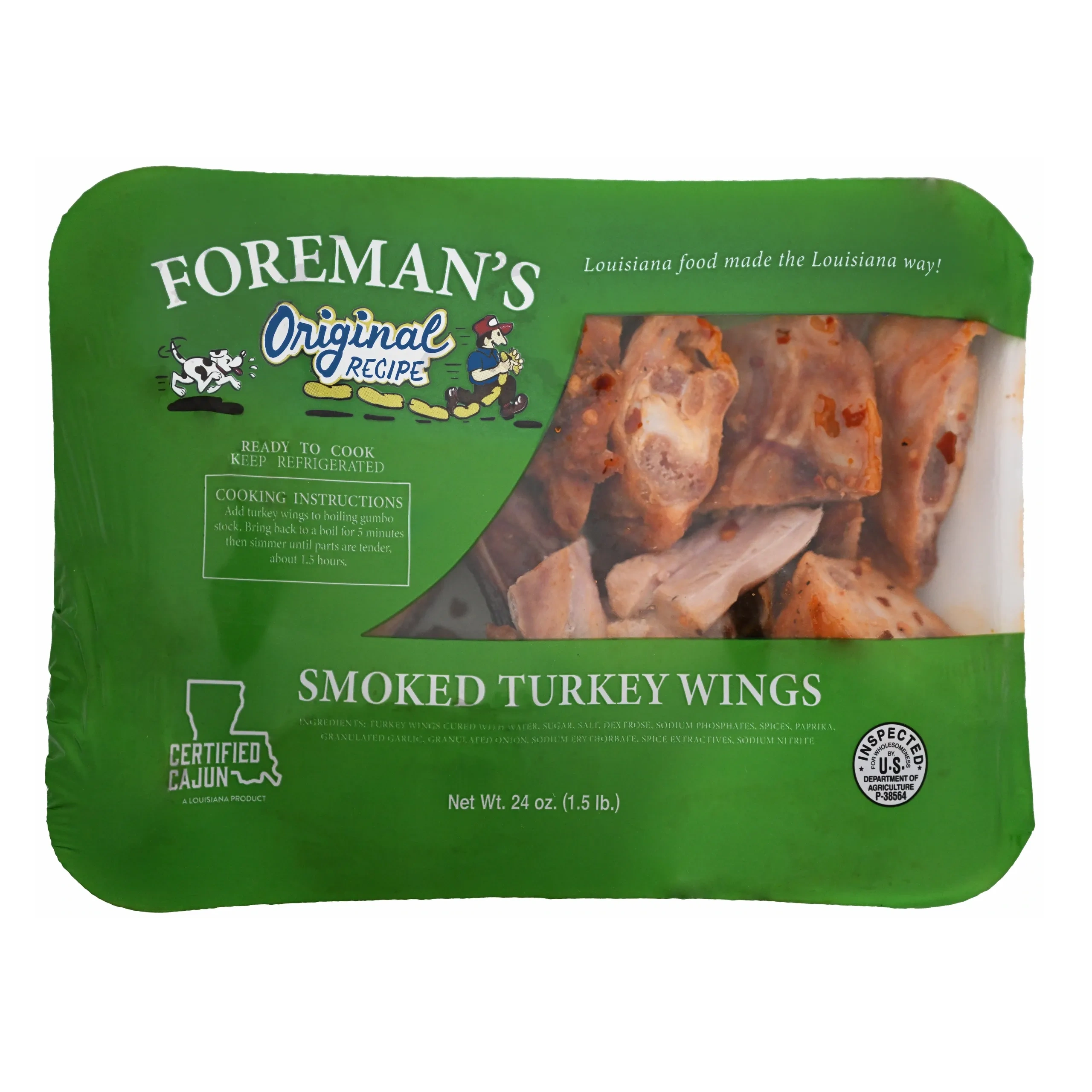 24oz green package of Foremans Smoked Turkey Wings