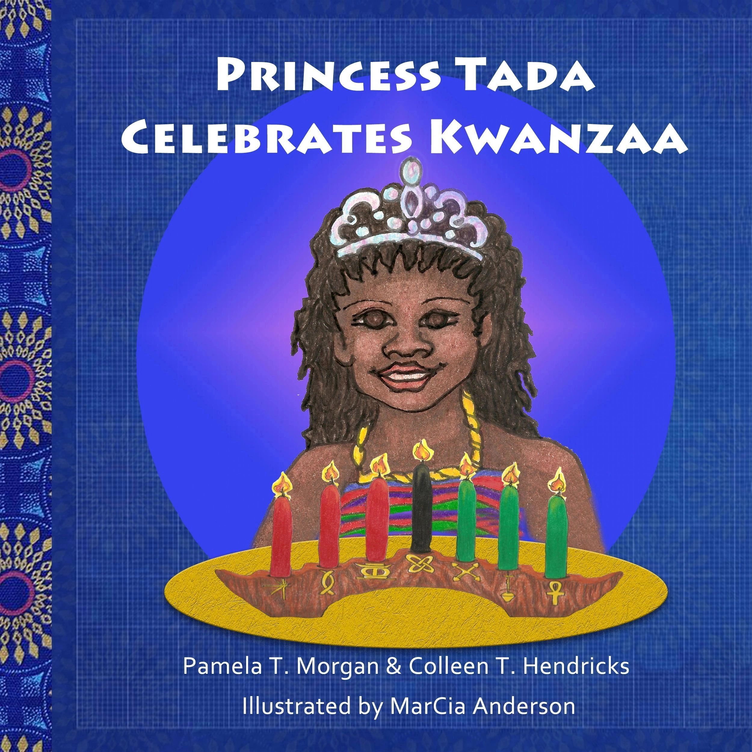 Illustration of Princess Tada celebrating Kwanzaa with a Kinara and candles.