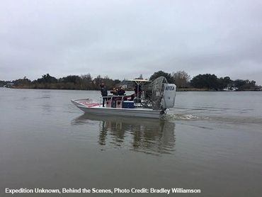 An air-boat with some cameramen and sound techs for filming Bradley Williamson.