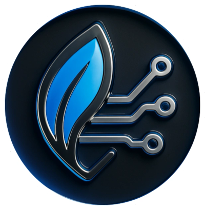 A sleek blue leaf merging with digital circuit lines on a black circular background.