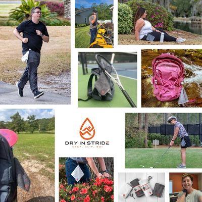 Grid showing multiple uses of retractable towels - run, yard work, hiking, tennis, golf, etc.