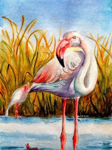 Painting of  of two flamingoes in the  blue river and brown weeds behind