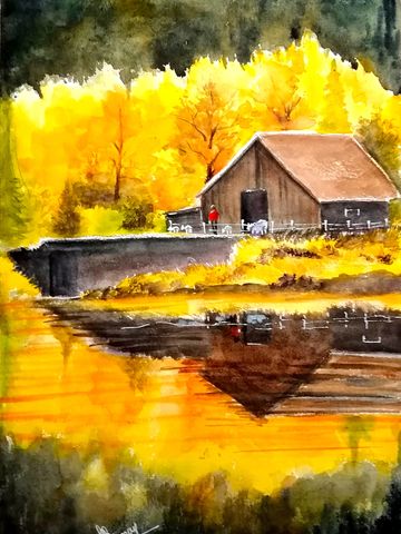 Painting of golden yellow trees against dark background and a cottage reflected in the river