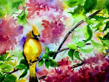 Painting of  of yellow bird on branch of pink flowers and green leaves