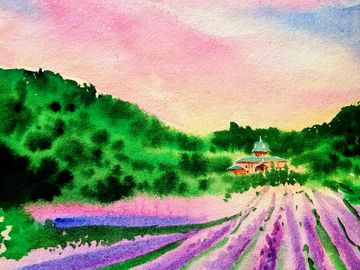 Painting of lavenderfields  ,leading to a house on the hill and pink and blue skies