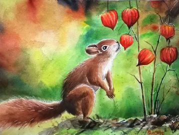 Painting of Brown squirrel and red golden berries