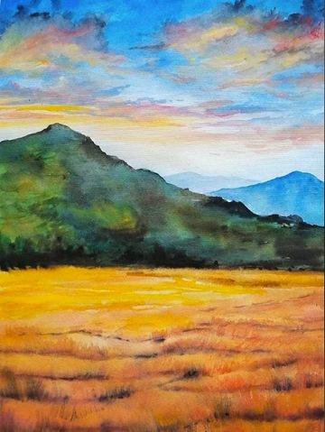 Painting of  of blue sky against the green mountain and golden fields in the fore ground