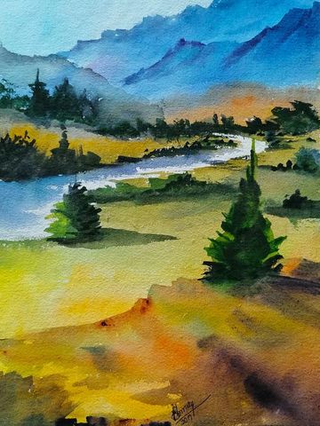 Painting of  landscape with a river flowing and trees against the blue mountains in the background