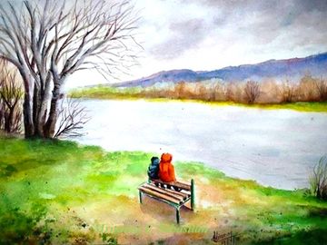 Painting of  of two children sitting on a bench by the riverside