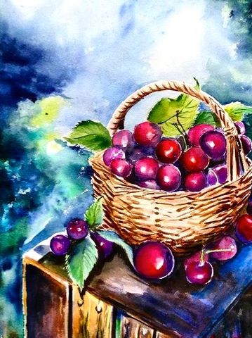 Red Cherries in brown basket on brown box
watercolor
34 x52 cms
400 $