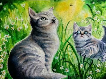 Painting of Two grey cats on the grass