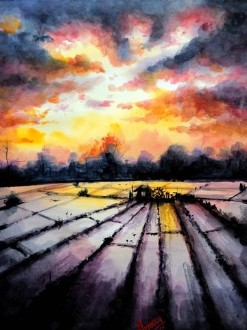 Painting of of a sunset reflected on the fields