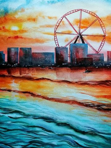 Watercolor Painting of  Dubai Marina showing Dubai eye ,buildings and the sea