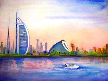 Painting of of Dubai landmarks in watercolor with blue waters in the foreground