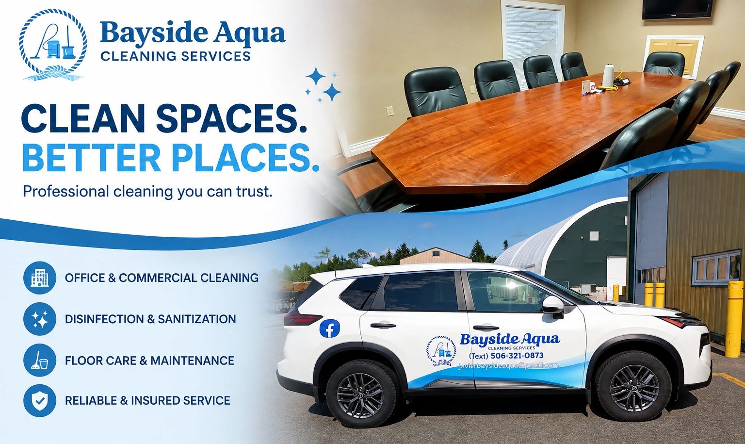 Bayside Aqua Cleaning Services advertisement showing office cleaning and vehicle branding.