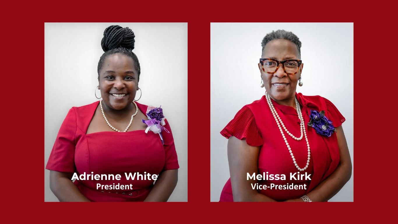 Portraits of Adrienne White, President, and Melissa Kirk, Vice-President, both in red dresses with pearl necklaces.