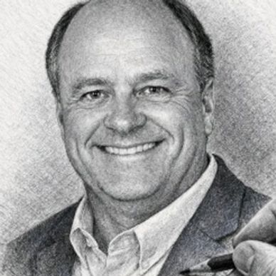 Artist sketching a smiling man in a suit.