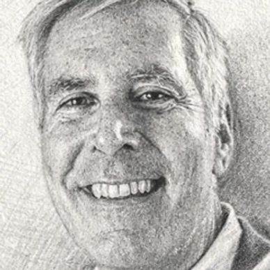 Black and white sketched portrait of a smiling older man.