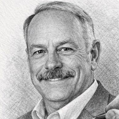 Black and white pencil drawing of a smiling man with a mustache.