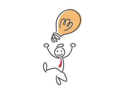 stick figure man jumping up for joy with idea lightbulb over his head