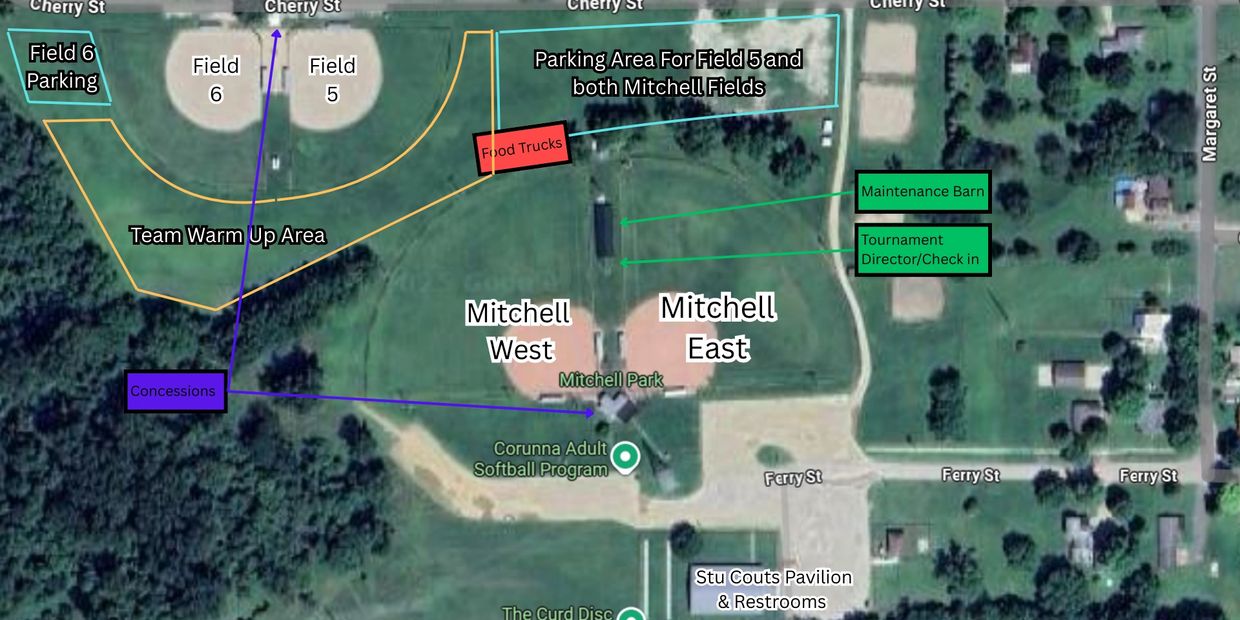 A labeled aerial map of Mitchell Park softball fields and surrounding areas.
