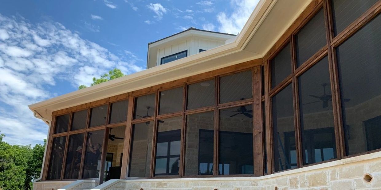The Skinner's Custom Screens Dream Team is on the scene of this luxury home. Wood porch framed out in douglas fur. After photo of our work on this magnificent porch. Skinner's Custom Screens, Making Screen Magic Happen since 1972 .