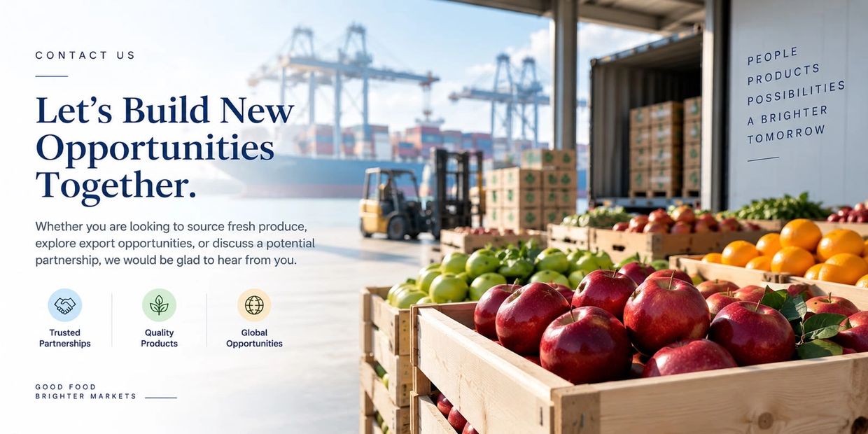 Fresh produce crates at a busy export dock with a call for new business opportunities.