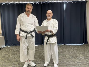Hanshi Newman (right) with 8th Dan Dennis Williams March 2025.