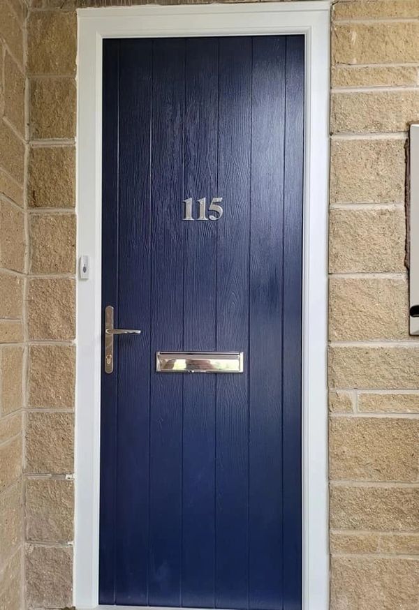Navy Blue Fd30 Composite Fire Door with Fire Safe Letter Plate Fitted in Nottinghamshire