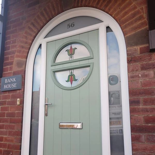 Solid Core Composite Door with Arched Topbox and Side Panels Installed by Newark Composite Doors