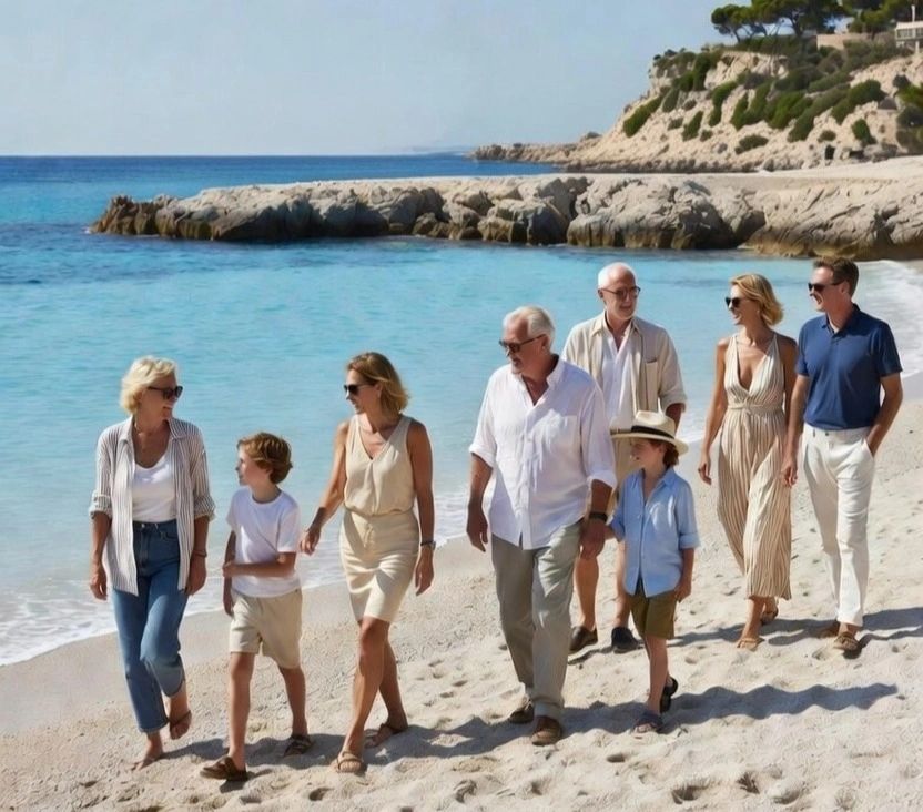 Three generations of a family walking together on a sunny beach.