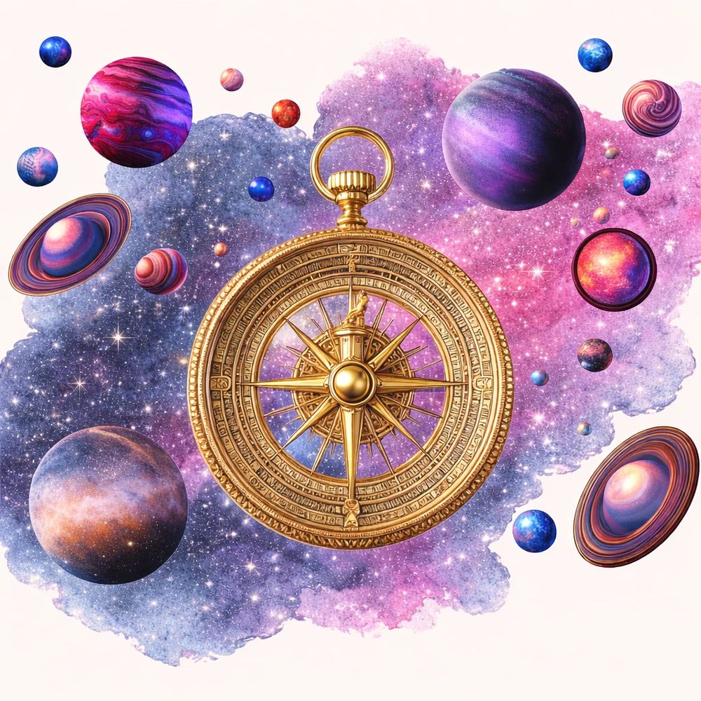 A golden compass surrounded by colorful planets and a cosmic nebula.