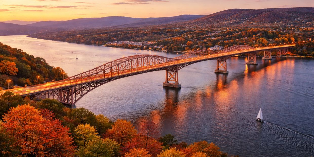 A scenic bridge over a river with vibrant autumn foliage at sunset.