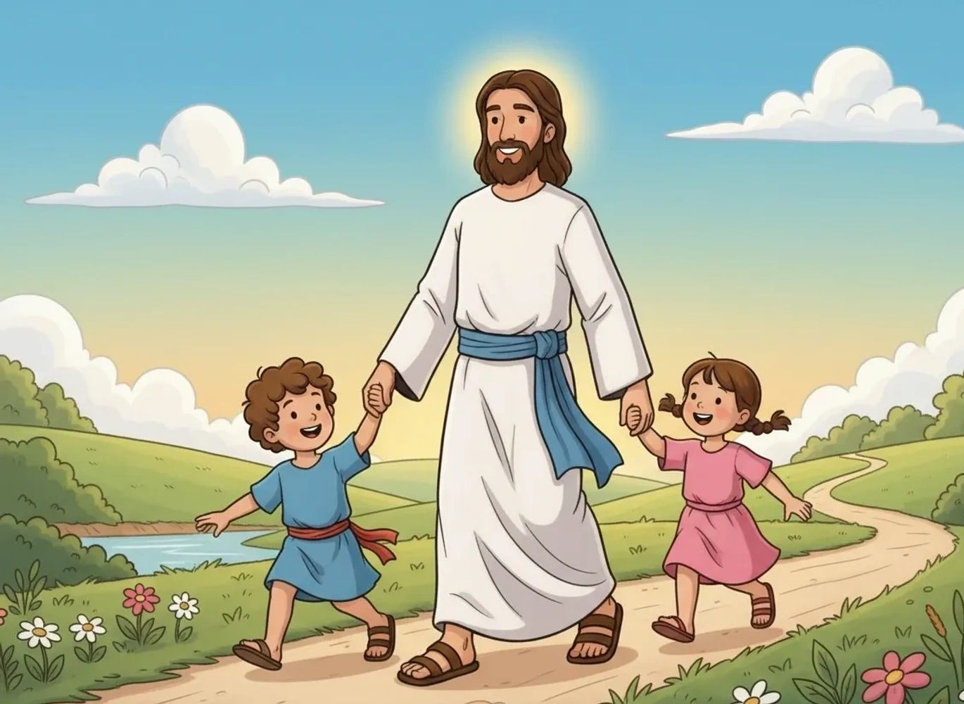 Jesus joyfully walks with two happy children on a sunny path.