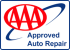 AAA Approved Auto Repair logo with red letters and blue swoosh.
