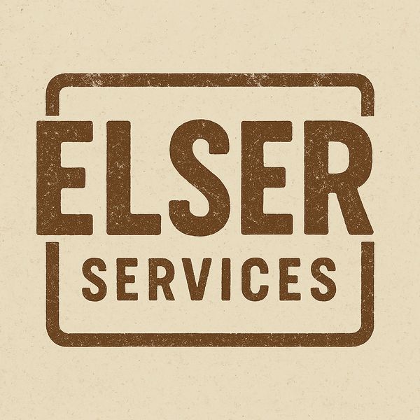 Elser Services logo with a vintage brown design on beige background.