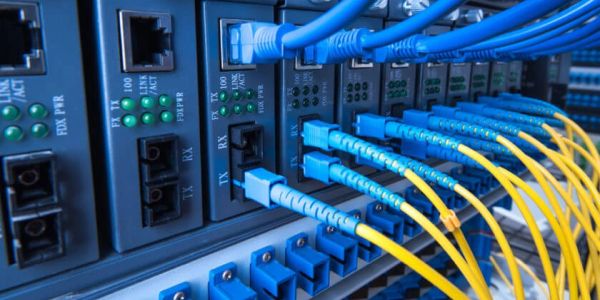 Network switch with connected blue and yellow cables.