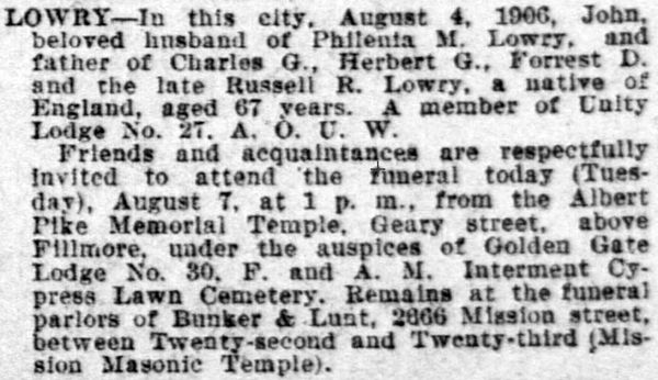 Obituary notice for John Lowry from 1906.