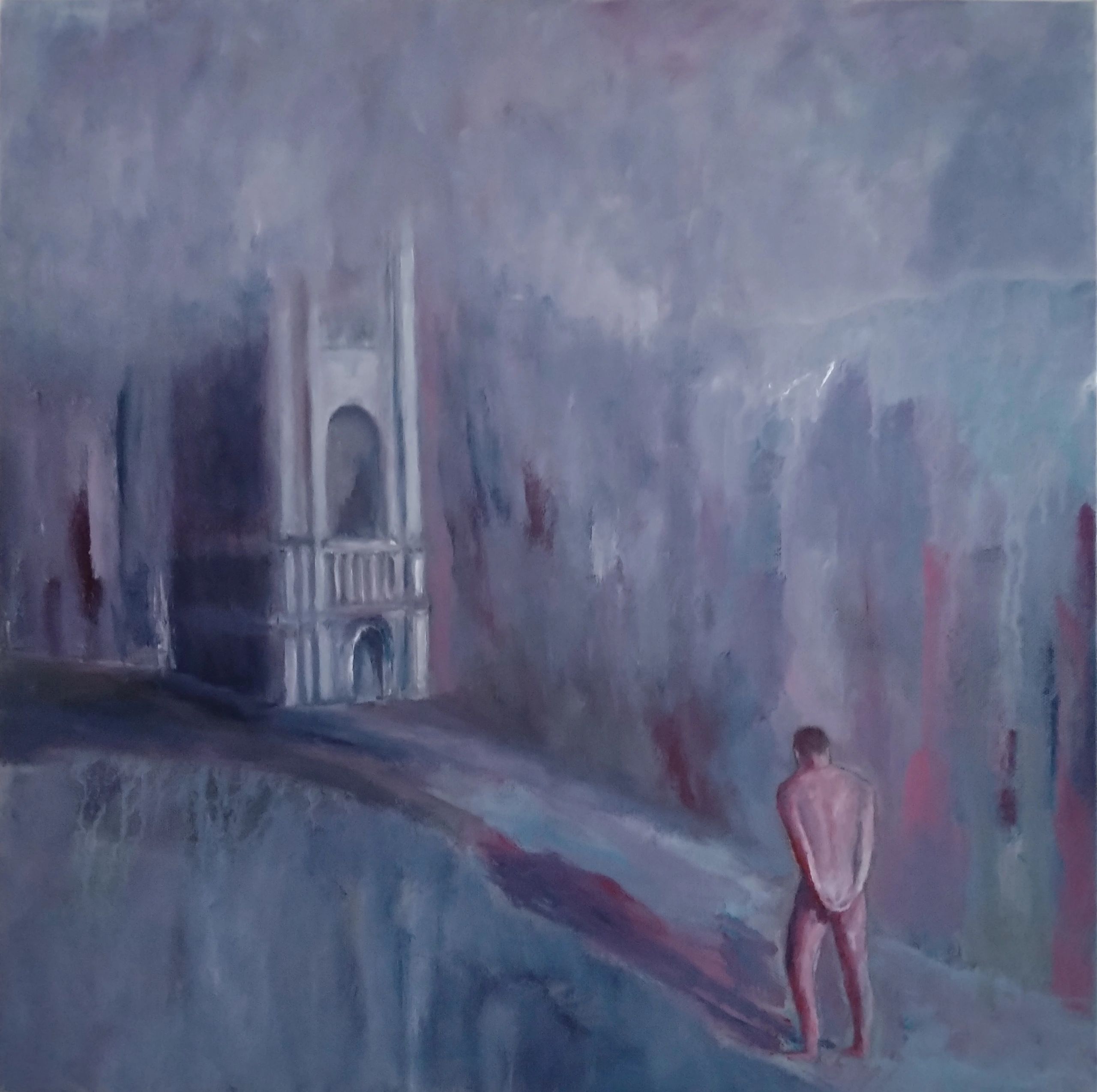 Male figure with Victorian folly in an abstract landscape.